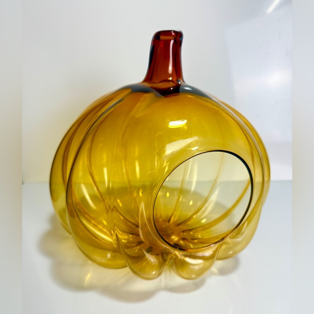 Handblown Amber Glass Hollow Pumpkin Candle Holder Terrarium 10” Made in Poland